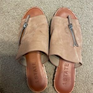 1. State tan suede studded slip ons